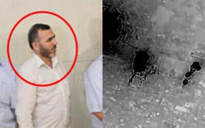 Left: Marwan Issa, the deputy head of Hamas’s military wing, circled in a photo circulated on social media in 2015. The photo or its source could not be immediately verified. Right: An IDF strike early March 10 on a tunnel where Issa was believed to be hiding. (The Times of Israel: Social media; Israel Defense Forces)
