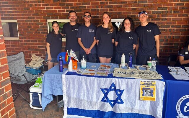 AUJS shaliach Tobias Siegal (2nd from left) with Jewish students at the AUJS stall at Curtin University in Perth, February 2024.