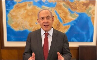Still from a video statement on the war in Gaza by Prime Minister Benjamin Netanyahu, April 8, 2024. (The Times of Israel: Screenshot, GPO)