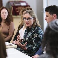 Victorian Premier Jacinta Allan speaking with women from the Jewish community at Central Shule last Friday. Photo: Peter Haskin
