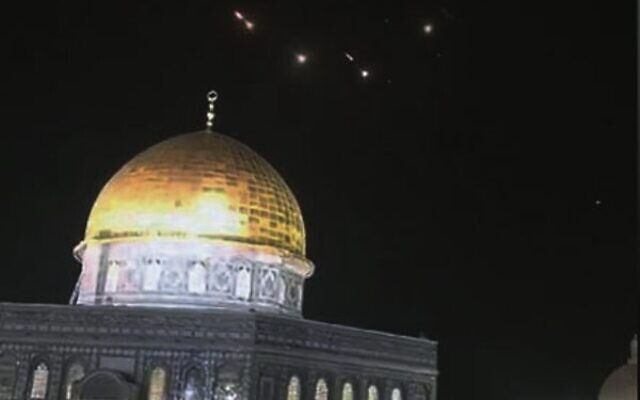 Projectiles being intercepted over the Dome of the Rock in Jerusalem. Screenshot: X