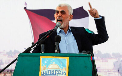 File - Hamas leader in the Gaza Strip Yahya Sinwar speaks during a rally marking Al-Quds (Jerusalem) Day, in Gaza City, April 14, 2023. (The Times of Israel: Mohammed Abed / AFP)