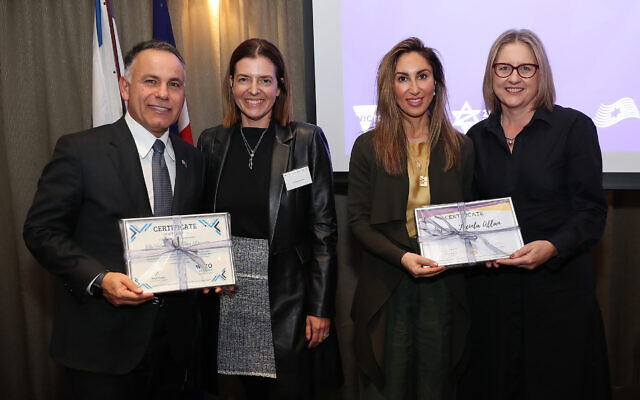 John Pesutto is presented with an Emunah certificate by JCCV vice-president Hayley Southwick, and Premier Jacinta Allan is presented with her certificate by ZFA board member Lauren Blecher. Photo: Peter Haskin