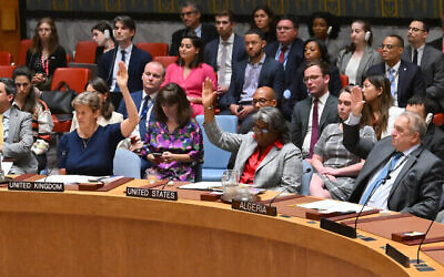 US Ambassador to the United Nations Linda Thomas-Greenfield (C) votes during a UN Security Council meeting on the situation in the Middle East at UN headquarters on June 10, 2024 in New York. (The Times of Israel: ANGELA WEISS / AFP)