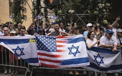 People holding Israeli flags gather for the annual Israel Day Parade on Fifth Avenue on June 2, 2024, in New York. (AP Photo/Yuki Iwamura), Times of Israel