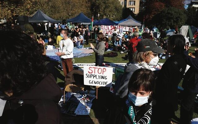 A pro-Palestinian/anti-Israel encampment at the University of Melbourne. Photo: Peter Haskin