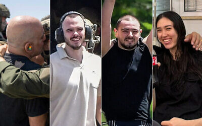 Israeli hostages pictured after their rescue from Hamas captivity in Gaza on June 8, 2024. From left: Shlomi Ziv (IDF); Andrey Kozlov and Almog Meir Jan (Avshalom Sassoni/Flash90), and Noa Argamani (The Times of Israel: Courtesy)