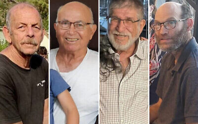 Chaim Peri, Amiram Cooper, Yoram Metzger and Nadav Popplewell (from L to R), whose deaths in Hamas captivity were confirmed by Israel on June 3, 2024. (The Times of Israel: Courtesy)