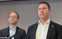 Jeremy Leibler, President of the Zionist Federation of Australia and Alon Cassuto, ZFA CEO, announcing the human rights complaint against former SBS newsreader Mary Kostakidis in 2024. Photo: Bruce Hill /The AJN