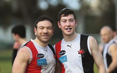 Father and son, Yehuda (left) and Gavi Gottlieb played for AJAX Sundays against Wesley Collegians. 
Photo: Peter Haskin