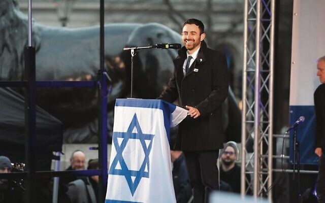 Eylon Levy speaking at Trafalgar Square in London in January.Photo: Omri Dagan