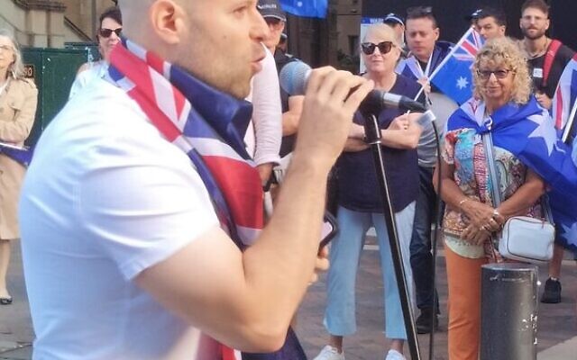 Ofir Birenbaum speaking at a rally in Sydney's Martin Place in January 2025.