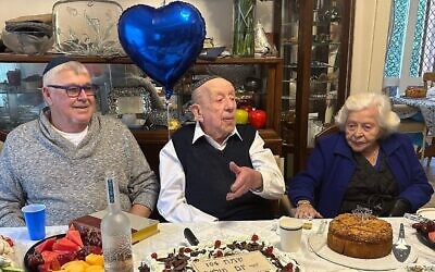 Berysz Aurbach, center, at his 104th birthday party in Melbourne, Australia. (Courtesy of Moshe Aurbach)