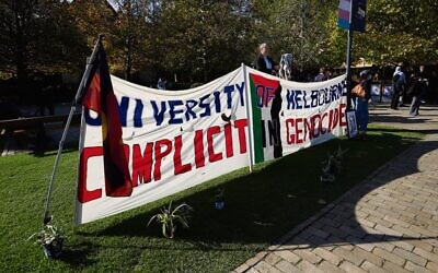 A banner at the 2024 pro-Palestinian/anti-Israel encampment at the University of Melbourne. Photo: Peter Haskin