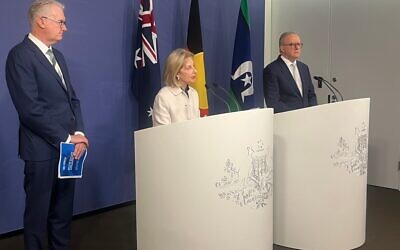 From left: Home Affairs Minister Tony Bourke, Australia’s special envoy to combat antisemitism Jillian Segal, Prime Minister Anthony Albanese.
