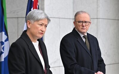 Foreign Affairs Minister Penny Wong and Prime Minister Anthony Albanese announcing on Monday that Australia will recognise a Palestinian state at UN general assembly. Photo: AAP Image/Mick Tsikas