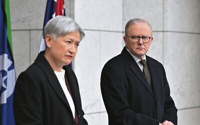 Foreign Affairs Minister Penny Wong and Prime Minister Anthony Albanese announcing on Monday that Australia will recognise a Palestinian state at UN general assembly. Photo: AAP Image/Mick Tsikas