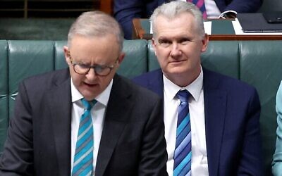 This picture taken on June 27, 2024 shows Australian Home Affairs Minister Tony Burke (R) listening to Australian Prime Minister Anthony Albanese speaking at the House of Representatives at Parliament House in Canberra. (DAVID GRAY / AFP)