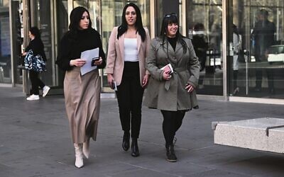 From left: Nicole Meyer, Elly Sapper and Dassi Erlich leave the Victorian County Courts after Malka Leifer was sentenced to 15 years in jail.
 Photo: AAP Image/Joel Carrett