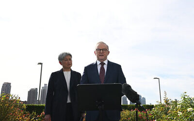 Prime Minister Anthony Albanese and Australian Foreign Minister Penny Wong speak to the media at UN headquarters in New York on Sunday, September 21, 2025. Photo: AAP Image/Lukas Coch