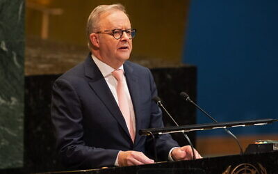 Anthony Albanese at the United Nations in New York last week. Photo: EPA/Lev Radin