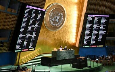 Results are displayed during a General Assembly meeting to vote on the two states solution to the Palestinian question at United Nations headquarters (UN) on September 12, 2025 in New York City. (ANGELA WEISS / AFP)