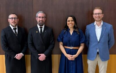 Rabbi Shmuel Karnowsky, Rabbi Yaakov Glasman, Senator Jacinta Nampijinpa Price and Senator James Paterson at Central Shule on Saturday night.