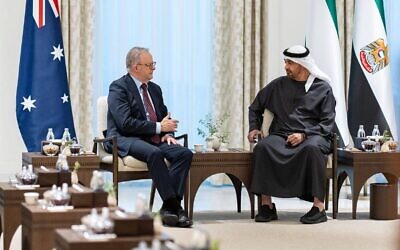 Anthony Albanese (left) meets with President of the United Arab Emirates HH Sheikh Mohamed bin Zayed Al Nahyan in Abu Dhabi on September 29, 2025. Photo: Ryan Carter/UAE Presidential Court/Facebook