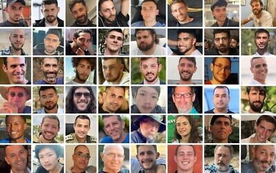 The 48 hostages held in Gaza: First row, from left: Rom Braslavski, Gali Berman, Ziv Berman, Elkana Bohbot, Matan Angrest, Avinatan Or, Yosef-Haim Ohana, Alon Ohel. Second row, from left: Eitan Mor, Segev Kalfon, Nimrod Cohen, Maxim Herkin, Eitan Horn, Evyatar David, Guy Gilboa-Dalal, Bipin Joshi. Third row, from left: Dror Or, Tamir Adar, Matan Zangauker, Bar Kupershtein, David Cunio, Ariel Cunio, Tamir Nimrodi, Omri Miran. Fourth row, from left: Manny Godard, Sgt. First Class Ran Gvili, Sahar Baruch, Uriel Baruch, Sonthaya Oakkharasri, Ronen Engel, Muhammad Alatrash, Guy Illouz. Fifth row, from left: Joshua Mollel, Sgt. Itay Chen, Col. Asaf Hamami, Tal Chaimi, Aryeh Zalmanovich, Inbar Heiman, Sgt. Oz Daniel, Lt. Hadar Goldin. Bottom row, from left: Yossi Sharabi, Sudthisak Rinthalak, Maj. Lior Rudaeff, Amiram Cooper, Cpt. Daniel Perez, Cpt. Omer Neutra, Eliyahu Margalit, Eitan Levy. (Combo photo by Times of Israel; pictures: Courtesy)