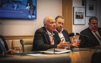 October 7 massacre survivor Danny Majzner, brother of Galit Carbone, the only Australian murdered on the day, speaks at a function at Parliament House. Photo: Facebook.