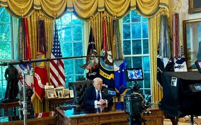 US President Donald Trump delivers a video statement regarding Hamas's response to his plan for ending the Gaza war on October 3, 2025. (Karoline Leavitt/X)