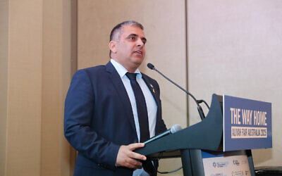 Israel's Minister for Aliyah and Integration Ofir Sofer speaking at the Aliyah Expo in Melbourne on October 26, 2025.  
Photo: Peter Haskin Photography