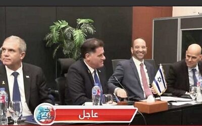Israeli negotiators including Strategic Affairs Minister Ron Dermer (2nd from left) and Gal Hirsch (left) in a photo indicating success in the mediated Israel-Hamas negotiations on a Gaza hostage-ceasefire agreement in Sharm el-Sheikh, in the early hours of October 9, 2025. Photo: Screenshot