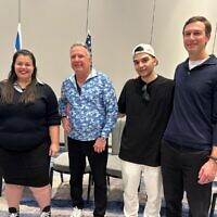 Released hostage Yosef-Chaim Ohana (second from R) and his mother, Miri Ben Ami (L) meet with US envoy Steve Witkoff (second from L) and Jared Kushner (R). (Hostages and Missing Families Forum)