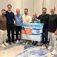 L to R: Ziv Berman, Jared Kushner, Steve Witkoff, Gali Berman, Talia Berman, Liran Berman, and Doron Berman in Tel Aviv, October 21, 2025. (Hostages and Missing Families Forum)