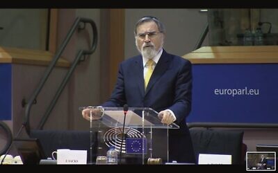 Rabbi Lord Jonathan Sacks told the European Parliament, "The appearance of antisemitism in a culture is the first symptom of a disease, the early warning sign of collective breakdown." Screenshot: YouTube