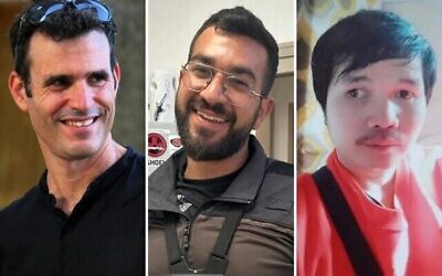 The three slain hostages whose bodies were still held captive in Gaza as of November 24, 2025. (L-R): Dror Or, Ran Gvili, and Sudthisak Rinthalak. (Collage by Times of Israel; Photos: Courtesy)