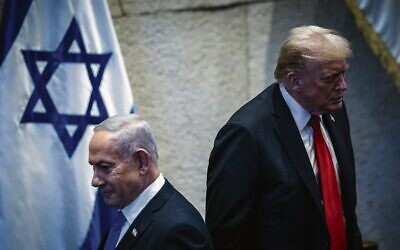 Israeli Prime Minister Benjamin Netanyahu (left) and US President Donald Trump at the Knesset on October 13. Photo: Yonatan Sindel/Flash90