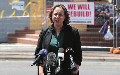 JCCV CEO Naomi Levin speaks after Premier Jacinta Allan's announcement of new laws to curb antisemitism, outside the firebombed Adass Israel Synagogue on December 17, 2024. Photo: Peter Haskin