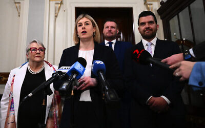 Incoming Victorian Opposition Leader Jess Wilson (centre) speaks following a Victorian Liberal party room meeting at Victorian Parliament, November 18, 2025. Photo: AAP Image/Joel Carrett.