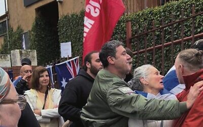 Scuffles broke out when pro Palestinian demonstrators showed up at the protest. Photos: Bruce Hill Scuffles broke out when pro Palestinian demonstrators showed up at the protest. Photos: Bruce Hill