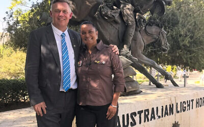 Colonel Michael Scott and Nova Peris at the Park of the Australian Soldier in Be'er Sheva, to commemorate the anniversary of he Battle of Be'er Sheva on October 31, 2025. Photo: Instagram @novaperis