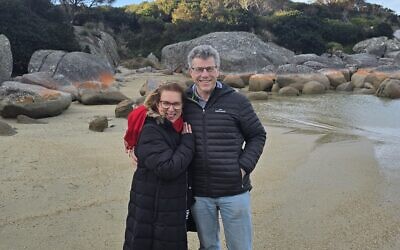 Ruth and Gary Trytell in Tasmania’s spectacular Bay of Fires.