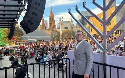 Rabbi Gabi Kaltmann at last year's Pillars of Light event at Melbourne's Federation Square. Photo: Facebook.