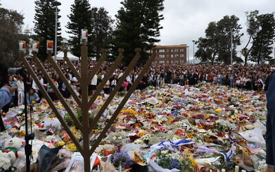 The chanukiah at the memorial for the victims of the Bondi Beach terror attack. Photo: Nadine Saacks