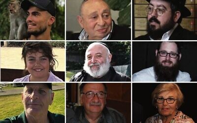 Nine of the identified victims of the Bondi Beach Chanukah terror attack. Top row from left: Dan Elkayam, Alex Kleytman, Rabbi Eli Schlanger. Middle row from left: Matilda Britvan, Reuven Morrison, Rabbi Yaakov Levitan. Bottom row from left: Peter Meagher, Tibor Weitzen, Marika Pogany.