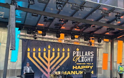 Rabb Gabi Katlmann addresses the crowd at Pillars of Light in Federation Square on December 16, 2025. Photo: Sharyn Kolieb