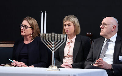 Victorian Premier Jacinta Allan, opposition leader Jess Wilson and Supreme Court judge Ian Waller KC at Tuesday's Chanukah at Parliament event. Photo: Peter Haskin Photography