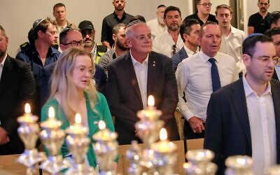Former prime ministers Scott Morrison and Tony Abbott at the memorial event at Chabad of Bondi last Wednesday. Photo: Ben Klein