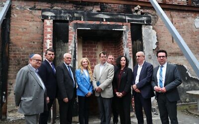Leaders of the J7 organisation representing the largest Jewish communities in the world see the damage at the Adass Israel Synagogue in Melbourne. Photo: Peter Haskin Photography.
